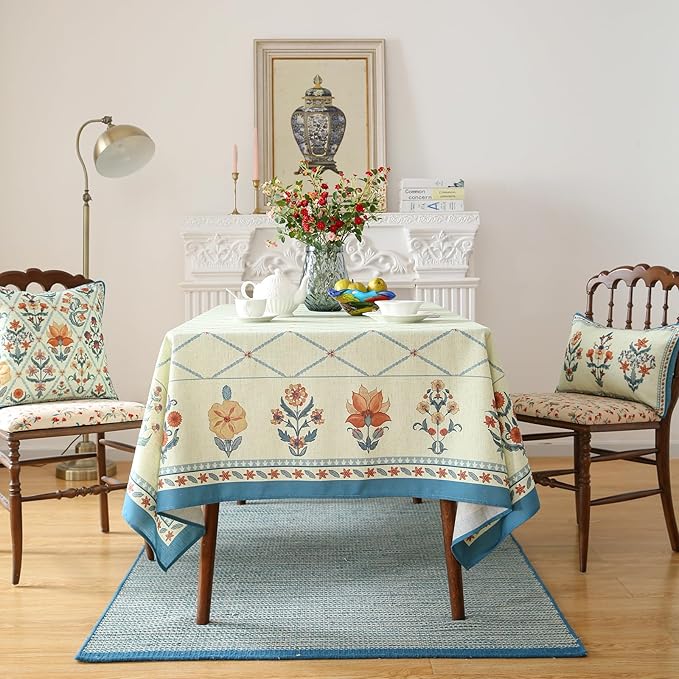 ISAENNE Designer Linen Floral Extra Long Rectangle Tablecloth,Light Green Farmhouse Durable Table Cloth,Washable Decor Tablecloths for Dining Kitchen Thanksgiving Christmas,63"*110"-Floralsea B