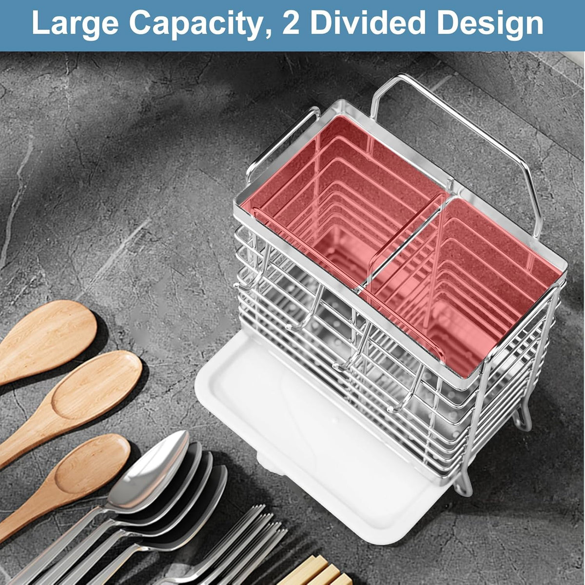 Utensil Holder, Stainless Steel Utensil Drying Rack with Drain Tray, Kitchen Counter Drainer Basket Silverware Cutlery Flatware Holder Forks, Knives, Spoons, Chopsticks Organizer (Silver)
