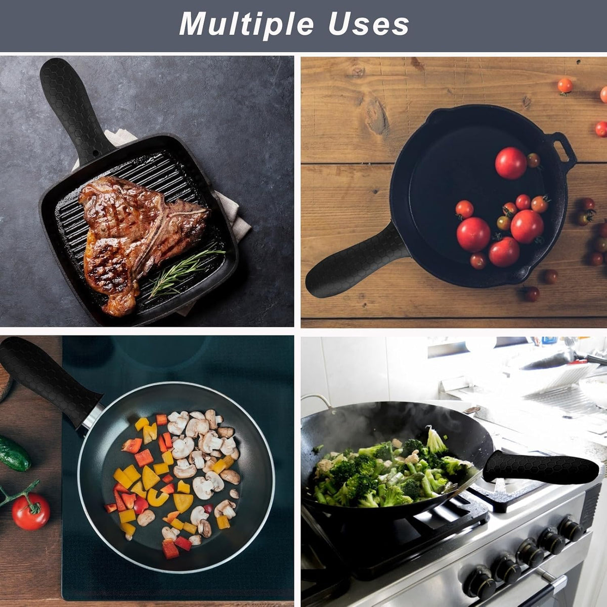 4 Pcs Silicone Hot Handle Holder, Potholder for Cast Iron Skillets, Non-Slip Rubber Pot Handle Sleeve Heat Resistant for Frying Pans & Griddles Sleeve Grip Handle Cover,Metal cookware Handles, Black
