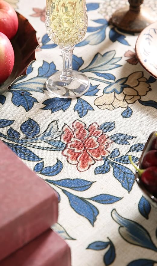 patdrea Designer Blue Small Tablecloth for Rectangle Table,Vintage Linen with Leaves and Floral Pattern Tablecloths,Farmhouse Decor Cover for Kitchen Dining Christmas,Thanksgiving,55"x71"-Ivar a