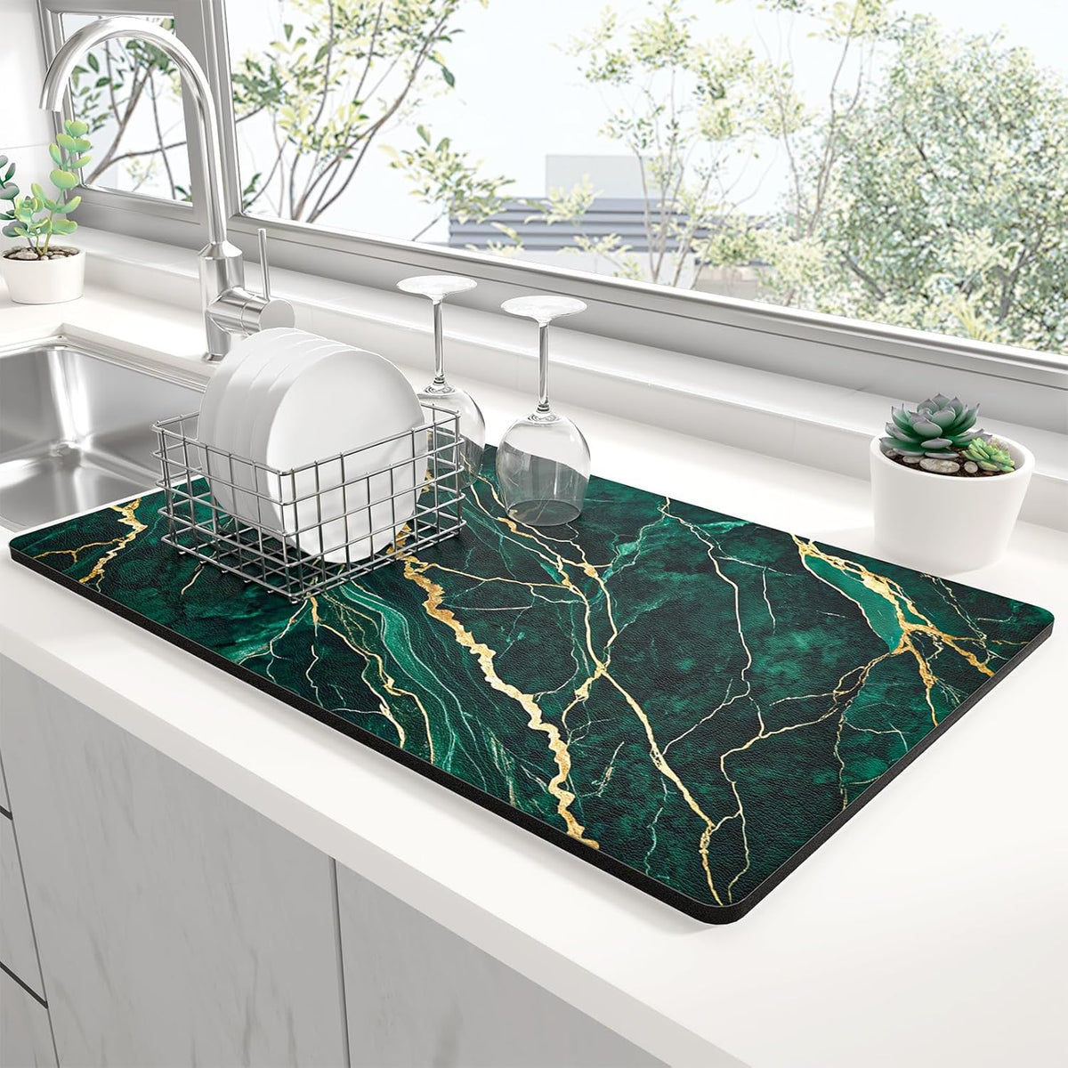 Rnivvi Dish Drying Mat for Kitchen Counter, XL 15 x 24" Cute Marble Absorbent Draining Pad, Non-Slip Heat Resistant Coffee Bar Mats for Coffee Machine Station Accessories, Green Gold Dish Rack Pad