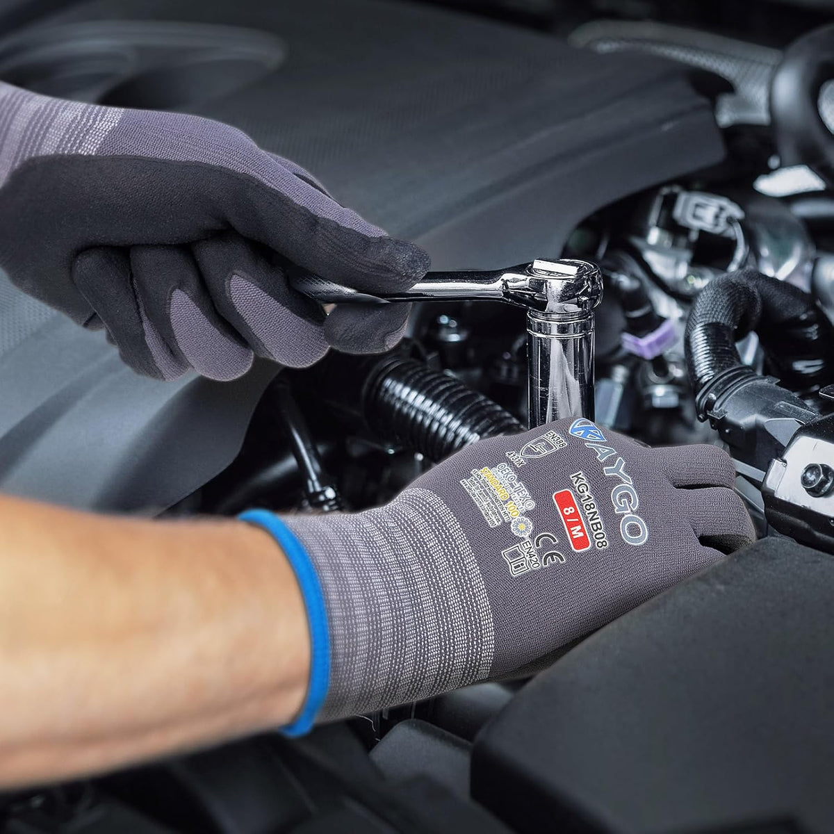 KAYGO Safety Work Gloves MicroFoam Nitrile Coated-3 Pairs, KG18NB,Seamless Knit Nylon Glove with Black Micro-Foam Nitrile Grip,Ideal for General Purpose,Automotive,Home Improvement,Red XX-Large
