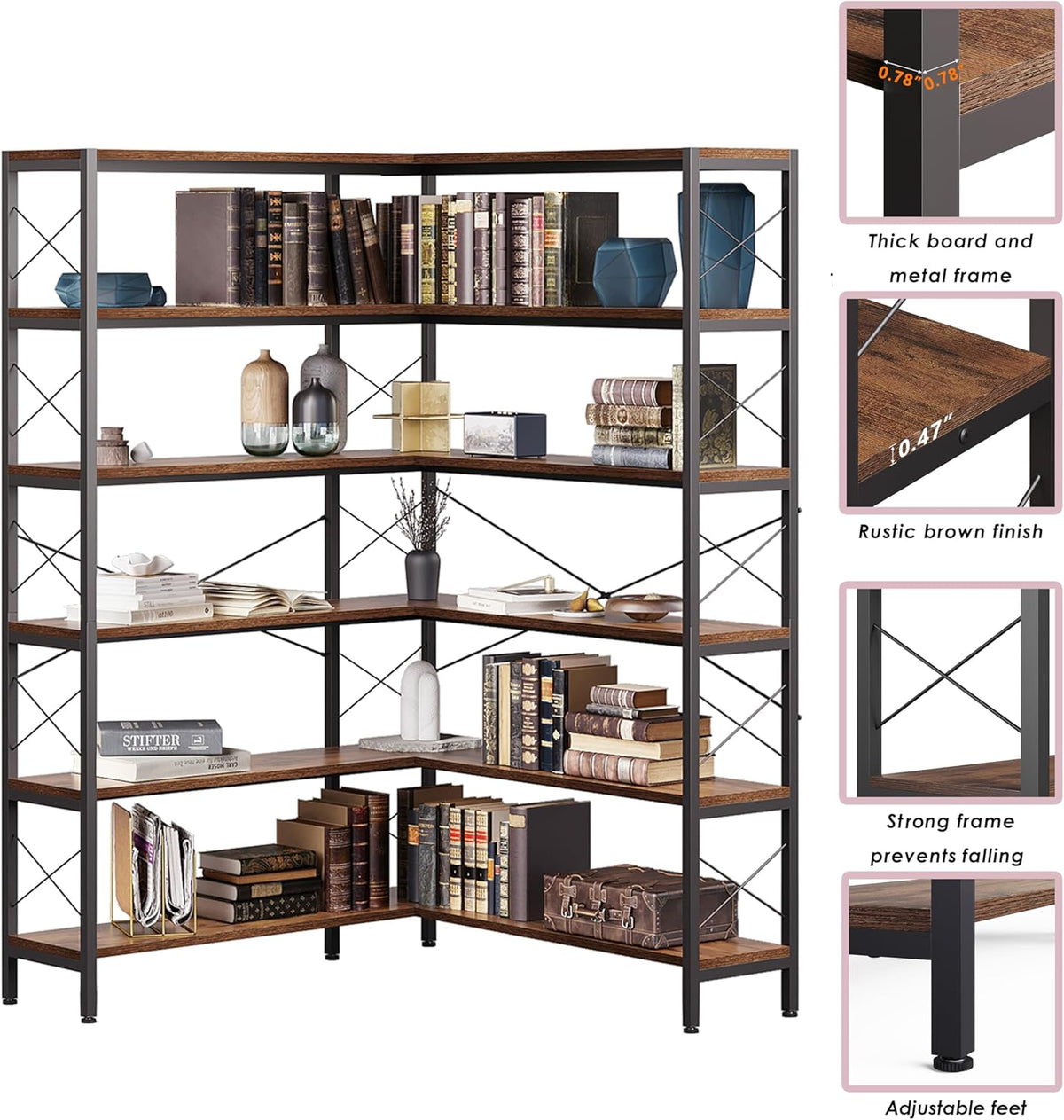 6-Shelf Corner Bookshelf, Vintage Industrial L Shaped Bookshelf Etagere Bookcase, Corner Shelf with Metal Frame Open Storage Rack Corner Book Shelf for Home Office Living Room (Retro Brown)
