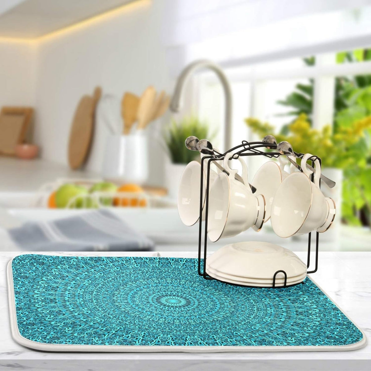 Super Absorbent Dish Drying Mat, Microfiber Fast-Drying Dish Mat, 24" x 18", Kitchen Dish Drying Pad, Mandala Turquoise Teal Blue Green