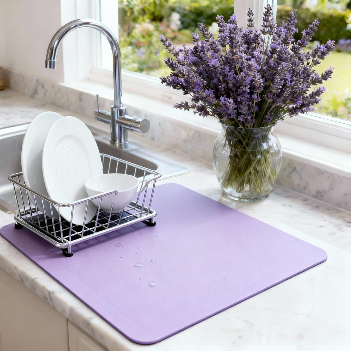 Dish Drying Mat Super Absorbent – 16" x 18" Coffee Mat for Countertops – Non-Slip Drying Mat for Kitchen Counter – Easy to Clean Water Absorbent Mat – Large Dish Drying Mats (Lavender)