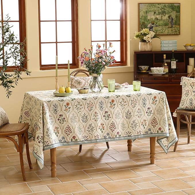 ISAENNE Designer Linen Extra Long Rectangle Tablecloth,Western Colorful Floral Indoor Table Cloth,Wrinkle Resistant Decor Tablecloths for Dining Thanksgiving Kitchen,67"*118"-Serenity B