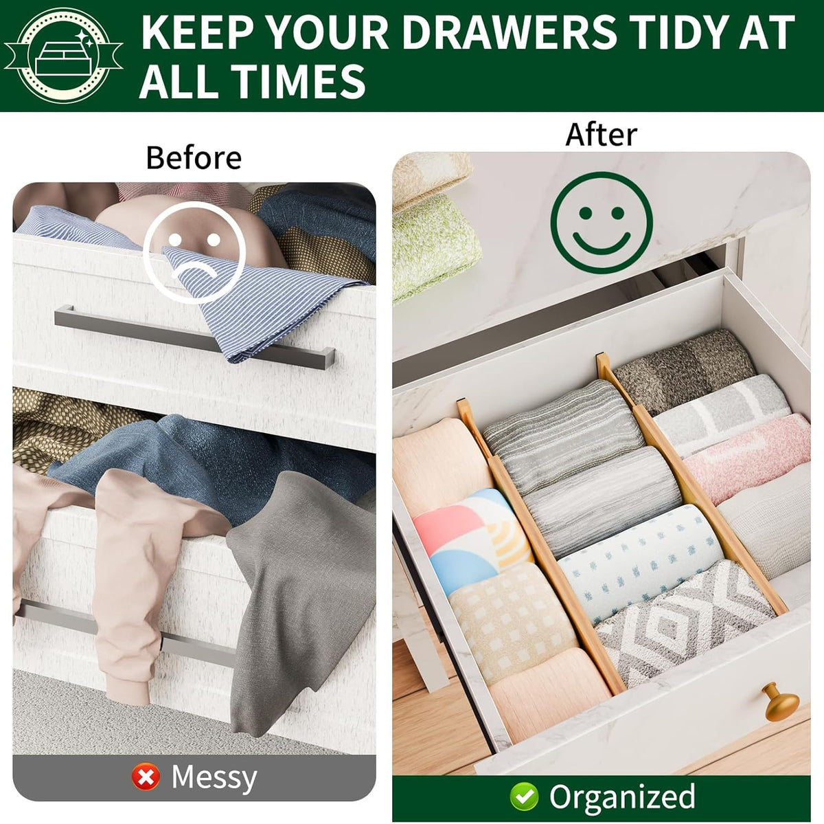 6 Pack Bamboo Drawer Dividers 2.6" High,17-22" Adjustable Spring Loaded Drawer Organizers for Kitchen, Dresser, Bathroom, Bedroom and Office