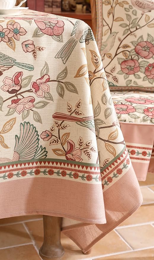 patdrea Designer Pink Linen Table Cloth for Rectangle Table,Vintage Floral with Birds Pattern Decorative Tablcloth,French Table Cover for Kitchen Dining,Thanksgiving,Christmas,63"x87"-Kulom a