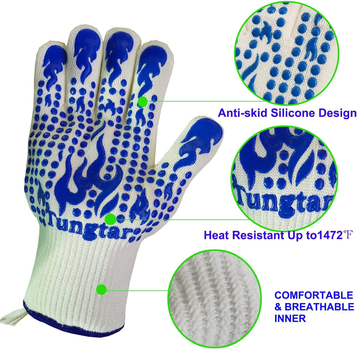 Oven Mitts Heat Resistant BBQ Proof Glove 11Inch 1472℉ Grill Glove Proof Heat for Women Men BBQ Gloves Gift Set Cooking Gloves for Cooking, Grilling, Baking, Welding (White Blue)