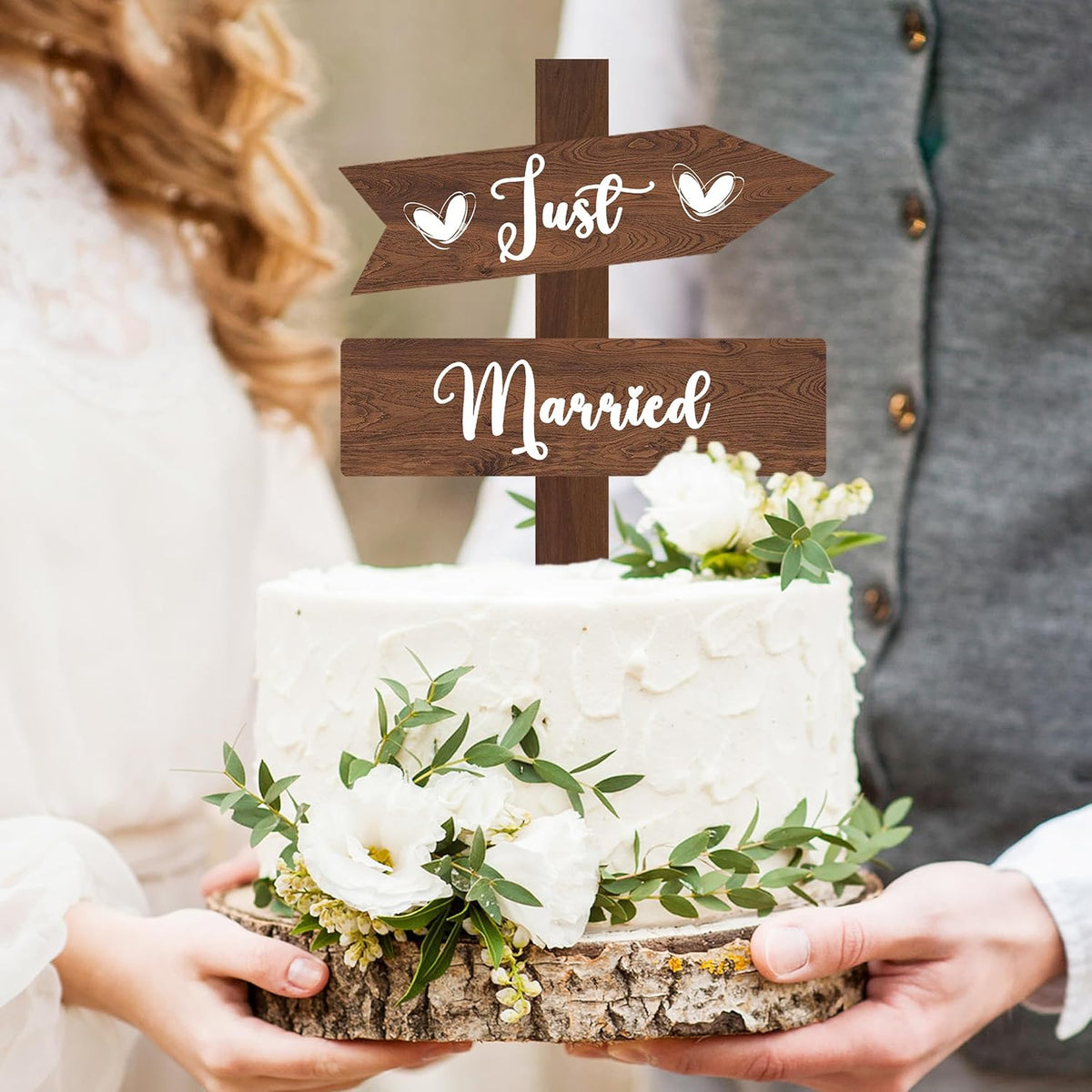 Just Married Cake Topper Rustic Wedding Cake Topper Double-Sided Wood Cake Toppers 7.48'' x 5.12'' Wedding Cake Decoration