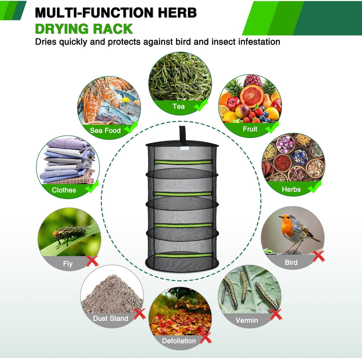 Yesker 4 Layer Herb Drying Rack Hanging Mesh Net Foldable Plant Drying Racks 24" Diameter with Green Zipper & Hook Dryer Hanging Rack for Herbs Seed Bud Fruit Clothes Grow Tent Closets Garden Outdoor