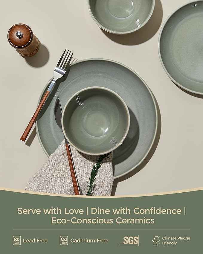 Stoneware Dinnerware Sets Service for 12, 36 pcs Reactive Glaze Plates and Bowls Sets, Handmade Ceramic Dish Set, Highly Chip and Crack Resistant Modern Plate Set, Gradient Green