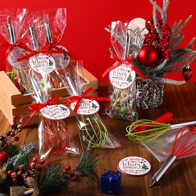 16 Sets 10 Inch Christmas Whisks Gifts DIY Fillable Christmas Tree Ornaments Xmas Colored Silicone Whisks for Cooking Heat Resistant Egg Beaters with Card Rope Bag for Candy Holder
