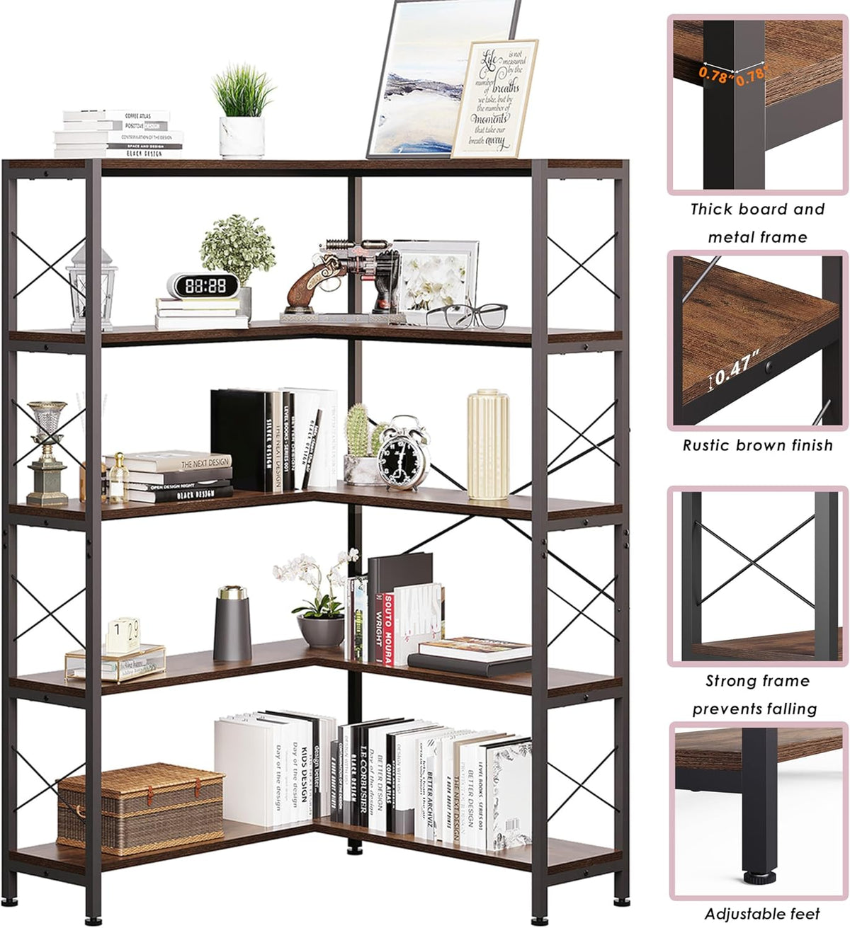 5-Shelf Corner Bookshelf, Vintage Industrial L-Shaped Bookshelf Etagere Bookcase, Large Book Shelf with Metal Frame Open Storage Corner Cabinet (Retro Brown-5 Shelf)