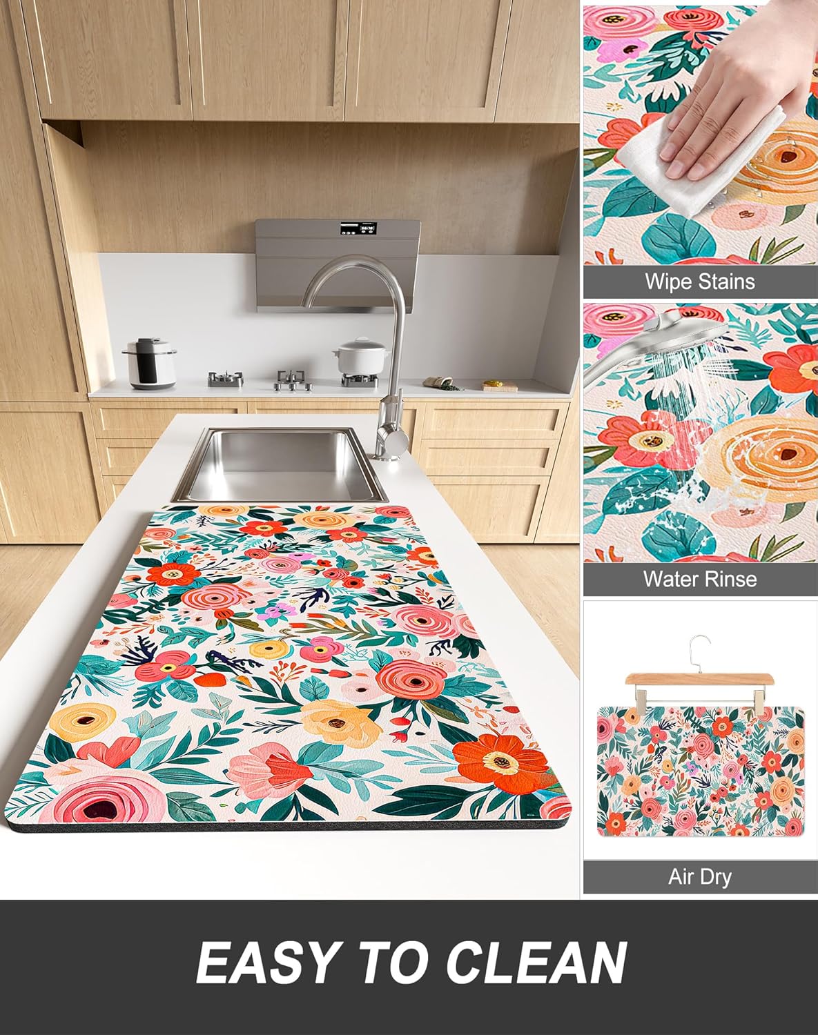Rnivvi Dish Drying Mat for Kitchen Counter, XL 15 x 24" Cute Flower Super Absorbent Draining Pad, Non-Slip Heat Resistant Coffee Bar Mats for Coffee Machine Station Accessories, Colorful Dish Rack Pad