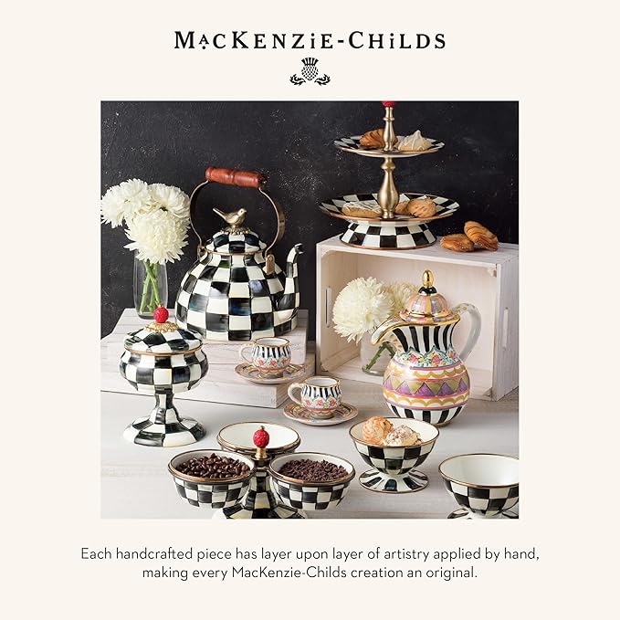 MACKENZIE-CHILDS Enamel Salad and Dessert Plate, Small Plate for a Dessert or Appetizer Dish, 8 Inches, Set of 4, Black-and-White Courtly Check