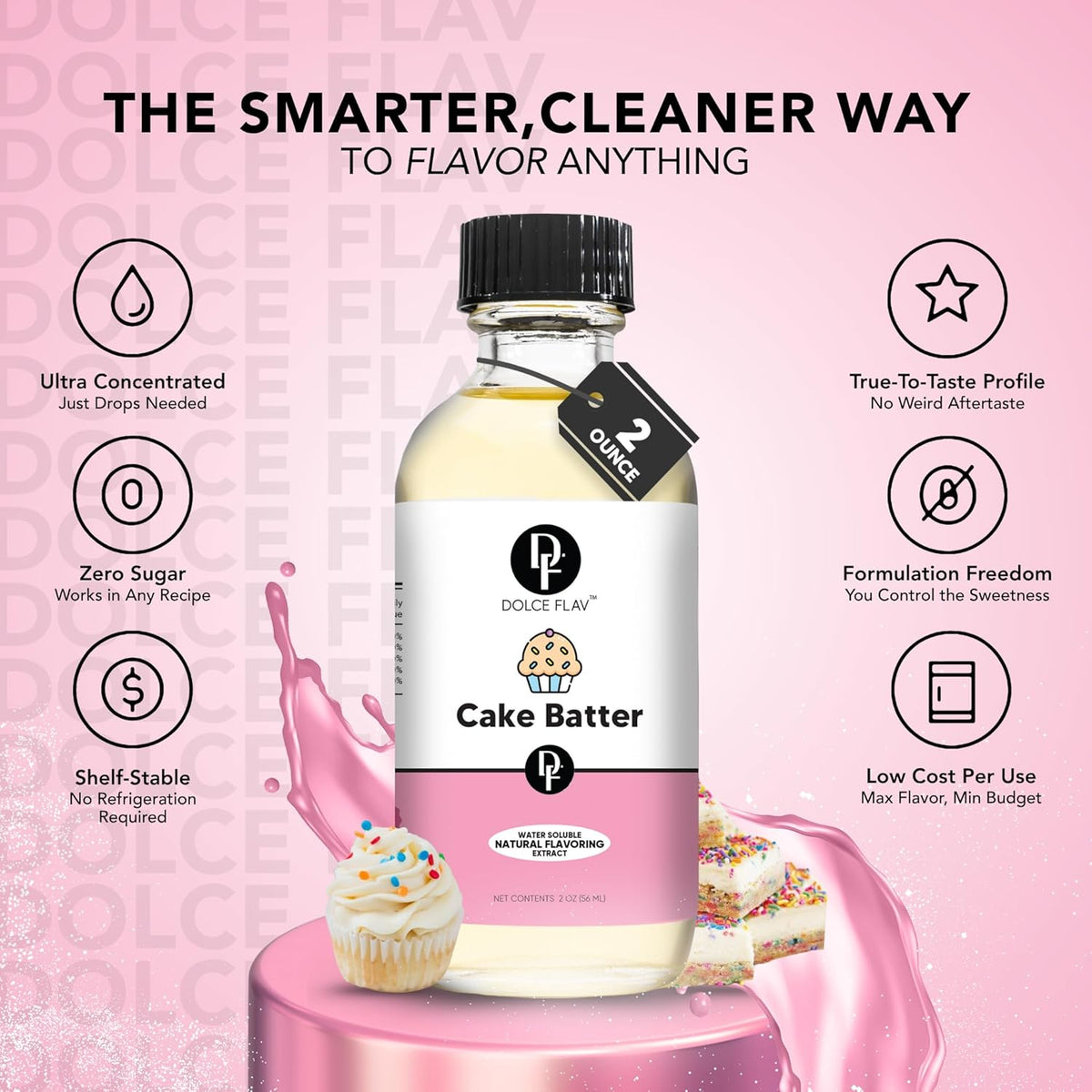 Dolce Flav Natural Cake Batter Extract – 2 Ounce Water-Soluble Kosher, Sugar-Free, Concentrated Birthday Cake Flavor for Frosting, Cupcakes & Ice Cream, Includes Measured Dropper
