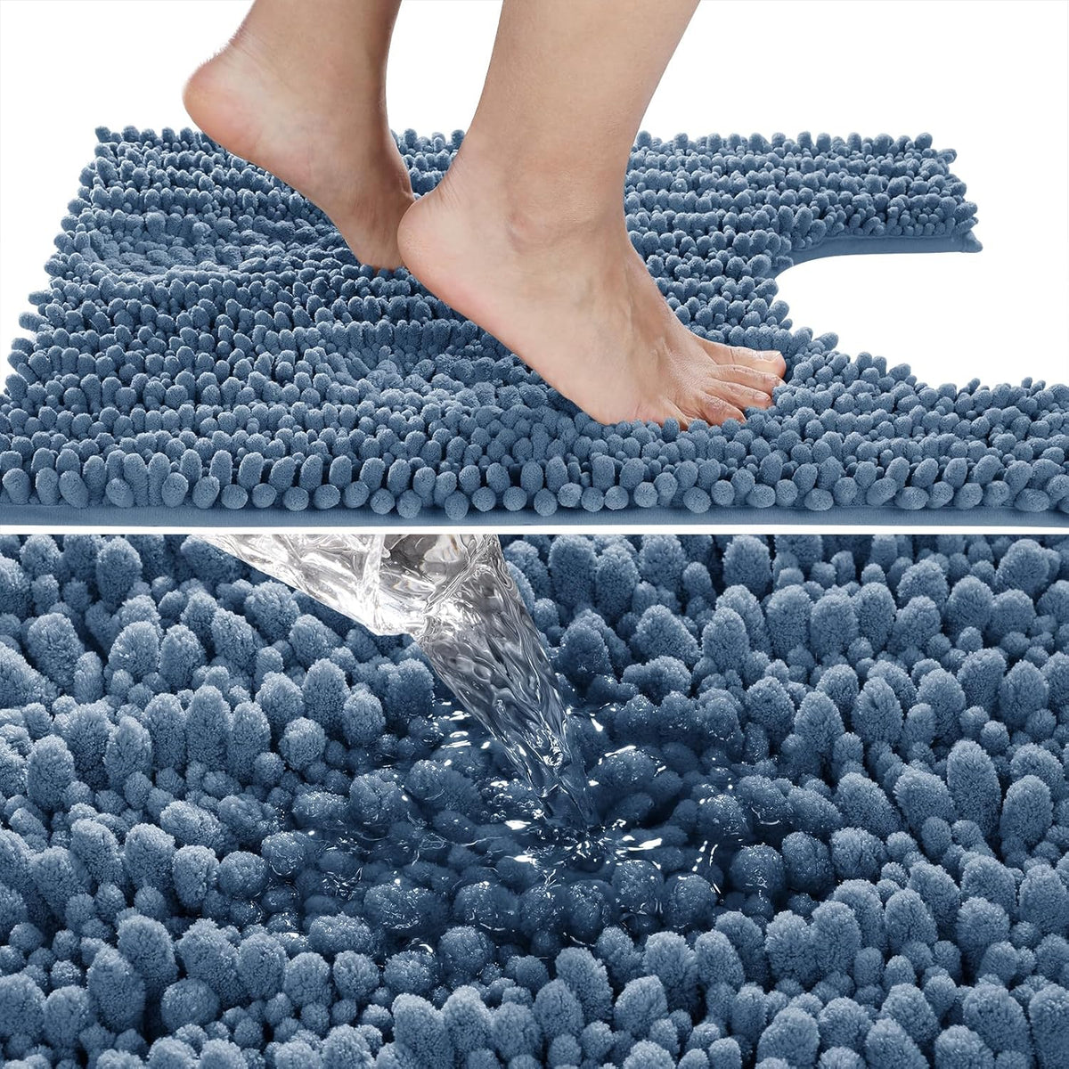 Yimobra Toilet Rug U Shaped Washable 24x20 Inch - Ultra Soft Absorbent Chenille Bath Rugs for Toilet, Quick Dry & Machine Washable, Non Slip Contour Bathroom Mat, Denim Blue