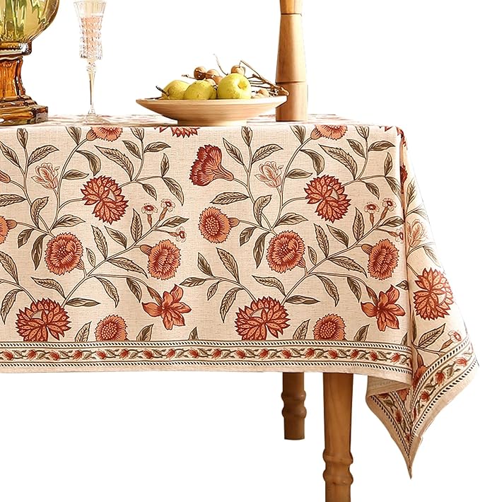 ISAENNE Designer French Table Cloth for Rectangle Table,Linen Orange Floral Pattern Indoor Tablecloth,Wrinkle Resistant Decor Table Cloth for Dining Thanksgiving Kitchen,55"*79"-Alvarado D