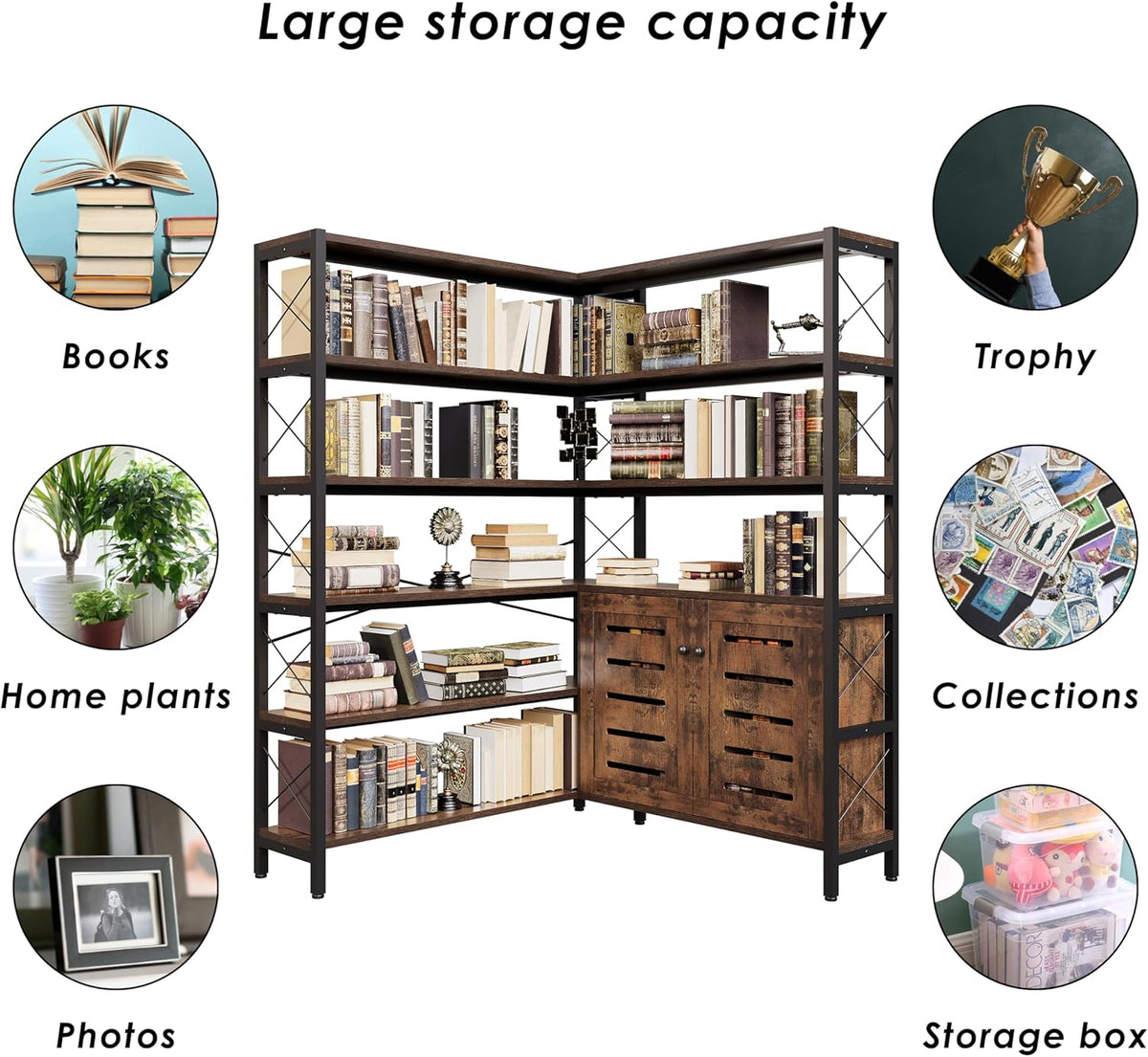 6-Shelf Corner Bookshelf, Vintage Industrial Corner Shelf Etagere Bookcase, Large Book Shelf with Metal Frame Open Storage Corner Cabinet (Brown-Lockers, Large)
