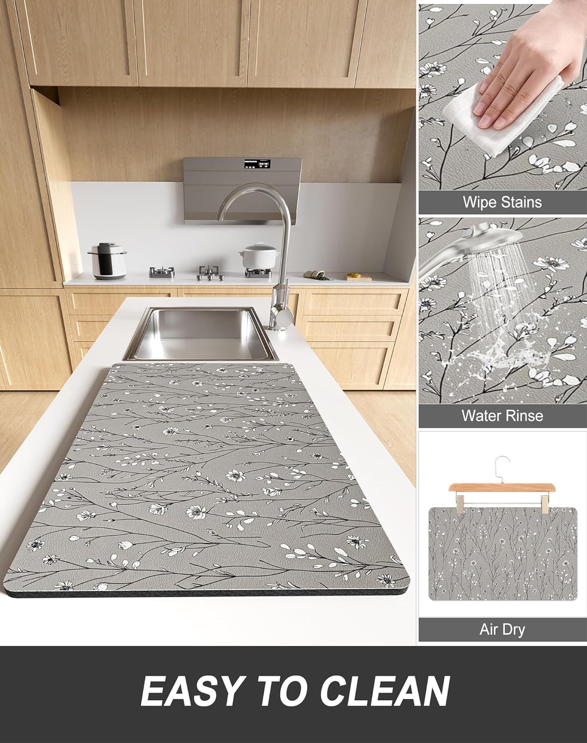 Rnivvi Dish Drying Mat for Kitchen Counter, XL 15 x 24" Cute Flower Theme Absorbent Draining Pad, Non-Slip Heat Resistant Coffee Bar Mats for Coffee Machine Station Accessories, Grey Dish Rack Pad