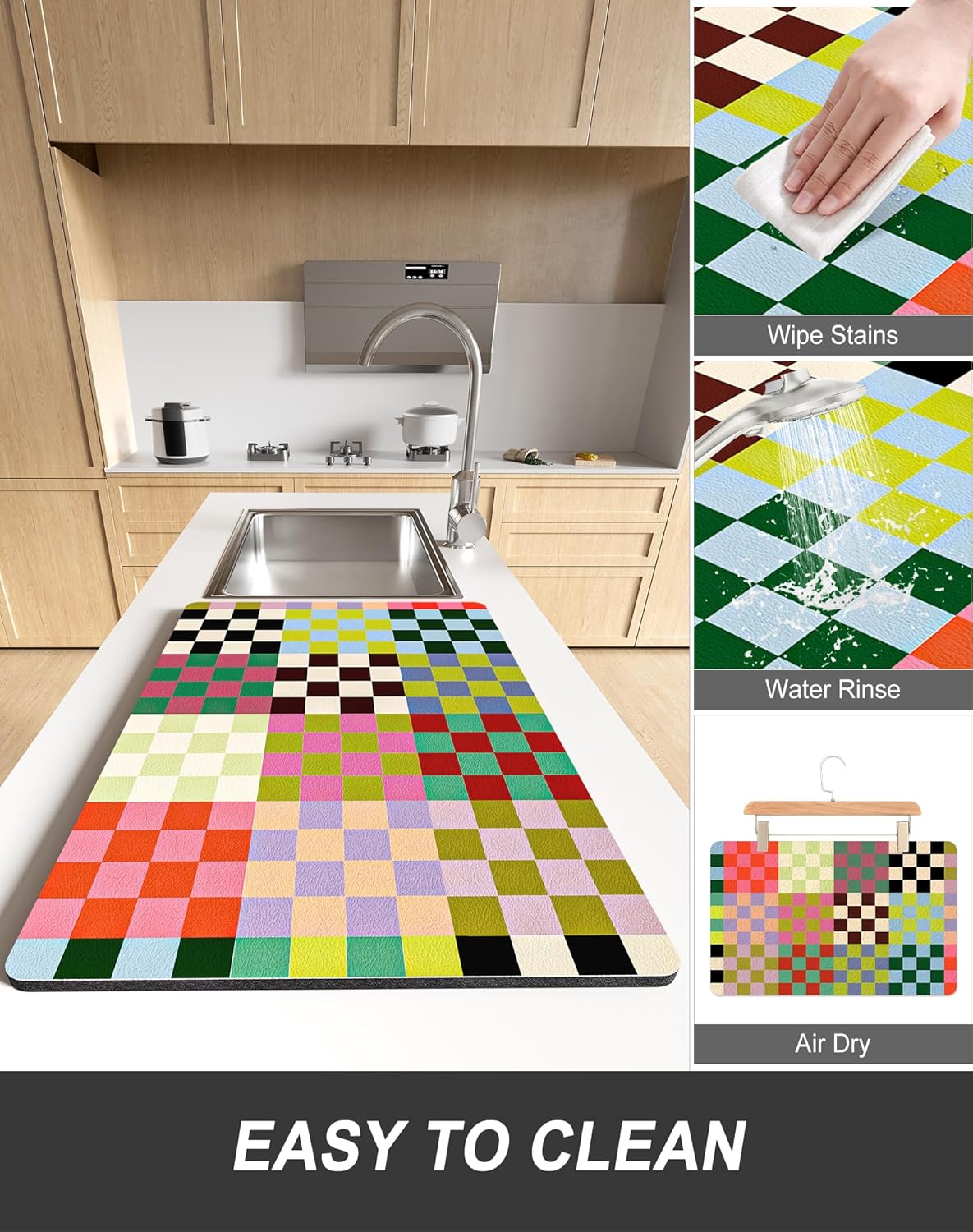 Rnivvi Dish Drying Mat for Kitchen Counter, XL 15 x 24" Cute Checkered Absorbent Draining Pad, Non-Slip Heat Resistant Coffee Bar Mats for Coffee Machine Station Accessories, Colorful Dish Rack Pad