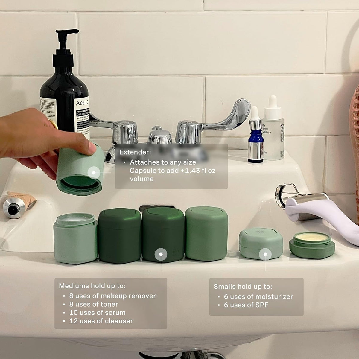 Cadence Travel Containers - Full Skincare Set - Magnetic Containers with Lids,Carry On Travel Essentials For Women/Men - 2 Small (0.56oz), 4 Medium Capsules (1.32oz), & Extender (1.43oz) - Evergreen