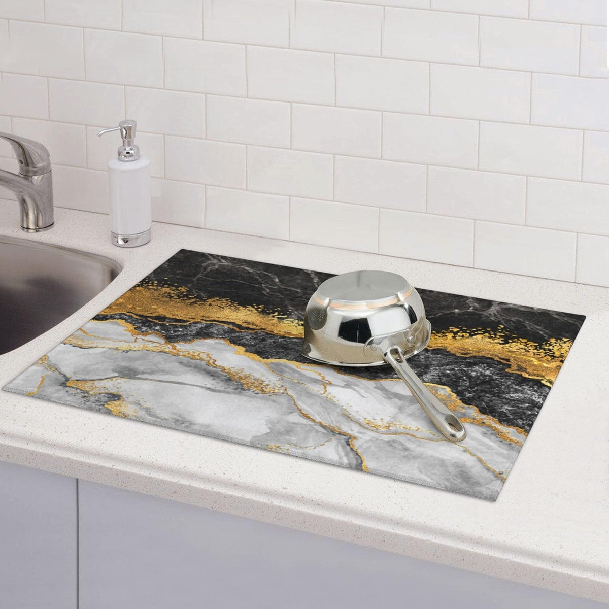 Gold and Black Grey Kitchen Drying Mat Black Gold Marble Decor Microfiber Dish Drainer Mat for Kitchen Counter Absorbent Reusable Washable 18x24 Inch