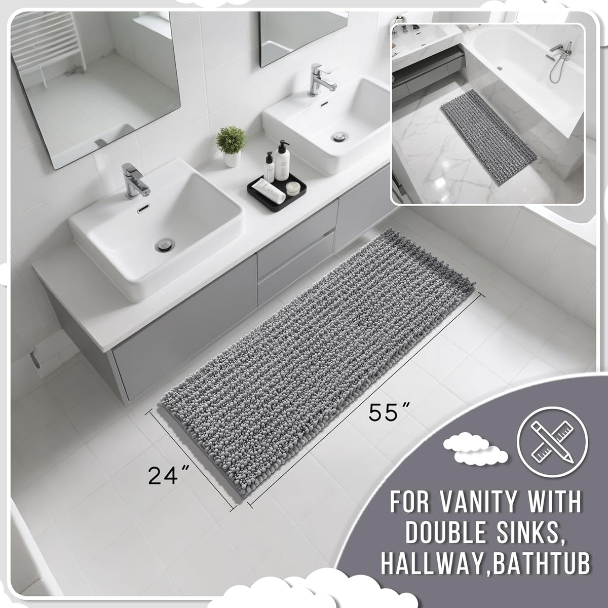 Yimobra Bathroom Runner Rug 55x24 Inch - Extra Long Non Slip Chenille Bath Mat, Soft & Absorbent, Machine Washable Shaggy Hallway Carpet for Vanity Tub Shower, Gray Home Decor Accessories