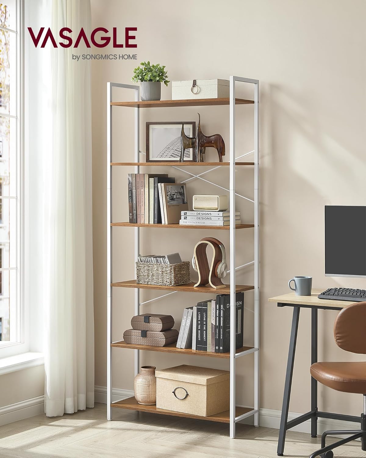 VASAGLE 6-Tier Bookshelf, Bookcase with Steel Frame, Book Shelf for Living Room, Home Office, Study, 11.8 x 31.5 x 73.2 Inches, Industrial Style, Honey Brown and Cloud White ULLS082K01