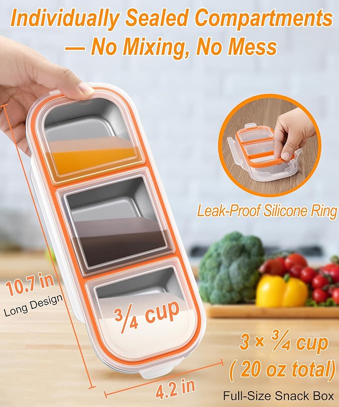 KTKUDY 3 Pack Stainless Steel Snack Containers for Kids & Adults - Large - Leak-Proof 3-Compartment Stackable Snack Lunch Boxes for Daycare, School, Work & Travel