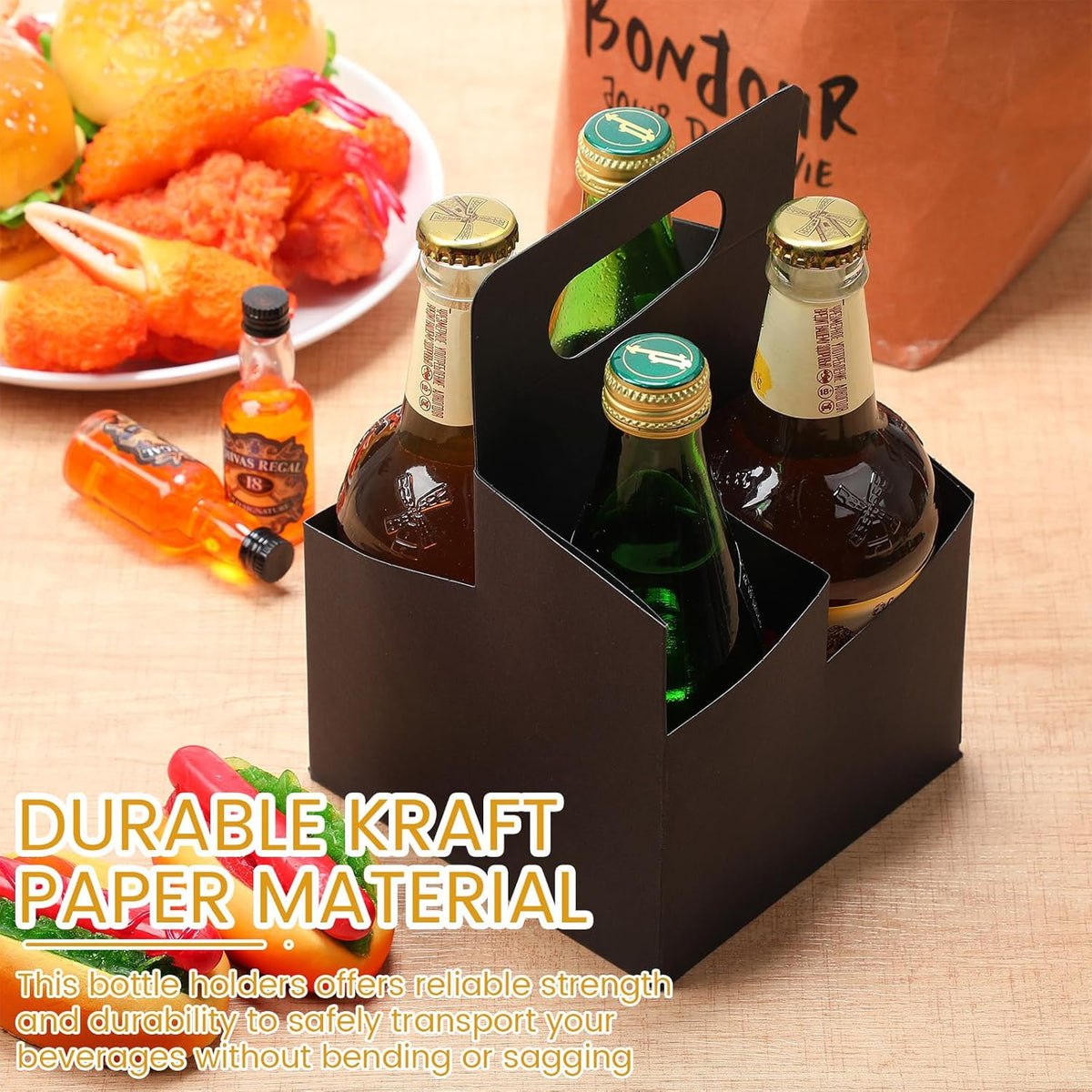 Jetec 4 Cup Drink Carrier with Handle, Kraft Paperboard Beer Carrier, Disposable Drink Holder for Hot or Cold Drinks, 12-16 oz Bottle Holder for Soda and Other Bottled Products(50 Pcs,Black)