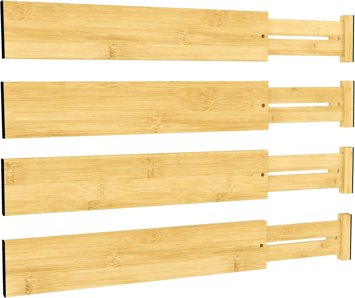 BAMEOS 3" H Bamboo Drawer Dividers - Adjustable Expandable Drawer Organizer - Kitchen, Bathroom, Bedroom & Office, 4-pack