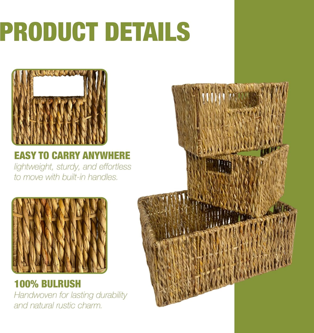 Wicker Basket Set – Stackable Storage Bins for Organizing Pantry & Kitchen – 1 Large Basket + 2 Small Baskets with Handle – Wicker Storage Baskets for Shelves & More