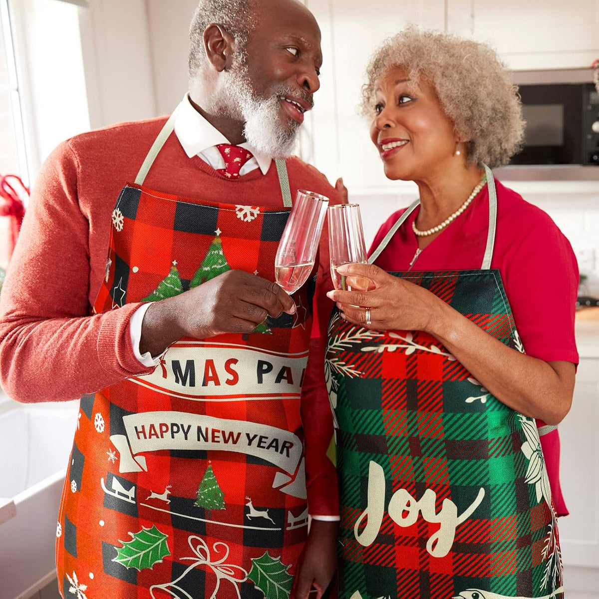 SATINIOR 4 Pcs Christmas Aprons Adjustable Kitchen Cooking Aprons Xmas Buffalo Plaid Merry Christmas BBQ Bib for Adults