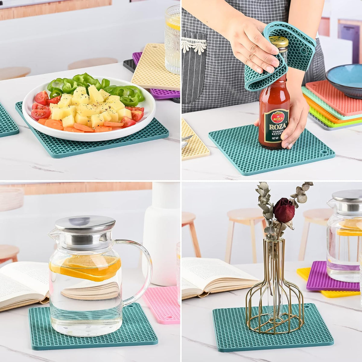 Silicone Pot Holders - Multi Use Trivets for Hot Dishes & Pans, Heat Resistant Mats for Countertop Set 4 Dark Gray