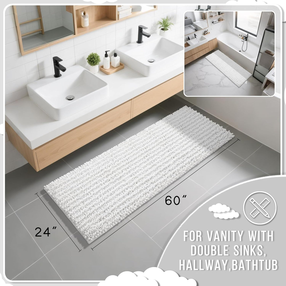 Yimobra Bathroom Runner Rug 60x24 Inch - Extra Long Non Slip Chenille Bath Mat, Soft & Absorbent, Machine Washable Shaggy Hallway Carpet for Vanity Tub Shower, White Home Decor Accessories