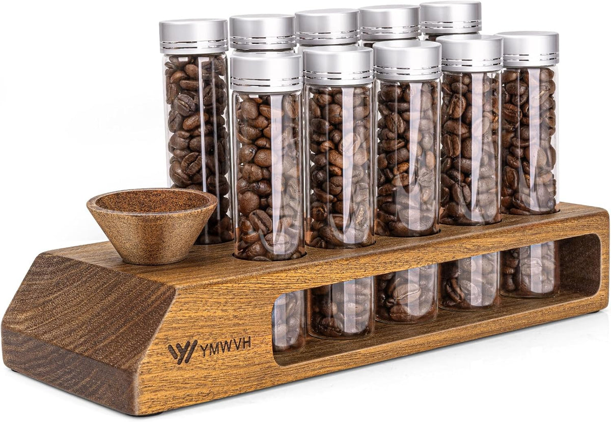 Single Dose Coffee Bean Storage Tubes 12 Pcs Coffee Bean Cellar Container Dosing Glass Vials,2oz Glass Jars With Lids, 2 Layers Sapele Display Stand And Wooden Funnel(Large)