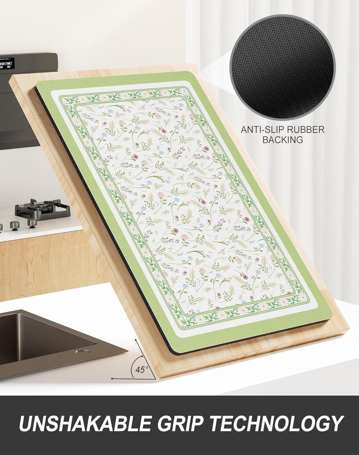Rnivvi Dish Drying Mat for Kitchen Counter, XL 15 x 24" Cute Flower Theme Absorbent Draining Pad, Non-Slip Heat Resistant Coffee Bar Mat for Coffee Machine Station Accessories, Green Dish Rack Pad