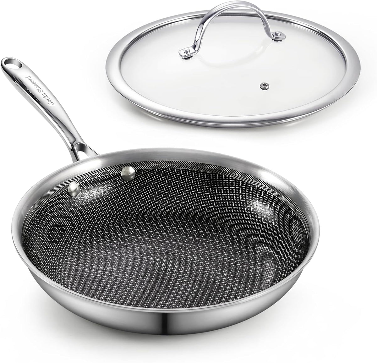 Cooks Standard Hybrid Nonstick Frying Pan, 8-Inch Skillet, Multi-Ply Clad Stainless Steel Fry Pan with Tempered Glass Lids, Oven Safe, Compatible with All Stovetops