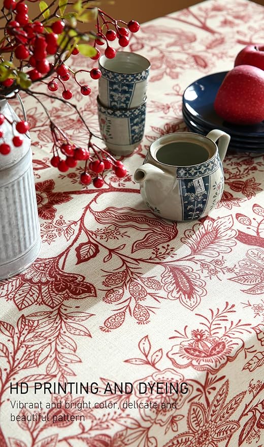 ISAENNE Designer French Linen Small Rectangular Tablecloth,Red Floral Washable Indoor Table Cloth,Durable Home Decor Tablecloths for Dining Thanksgiving Kitchen Party Christmas,55"*71"-Ruyi A