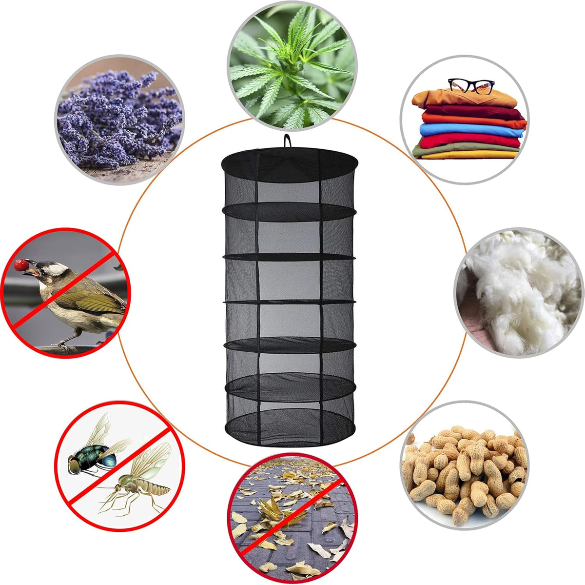 Desy & Feeci Herb Drying Rack Hanging, 6 Layer Collapsible Mesh Dry Net Herb Dryer with S Hang Buckle and Storage Bag, Black (Diameter 60 cm)
