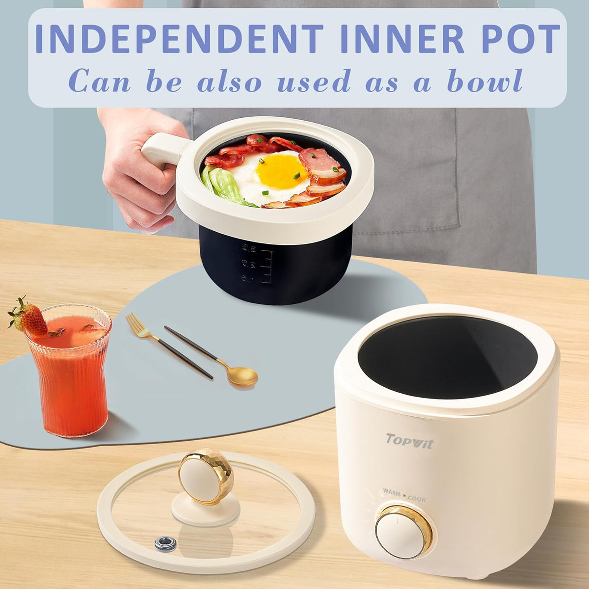 TOPWIT Rice Cooker Small, Mini Rice Cooker 2 Cups Uncooked, 1.2L Portable Rice Maker with Non-stick Coating, BPA Free, One Touch & Keep Warm Function, Beige