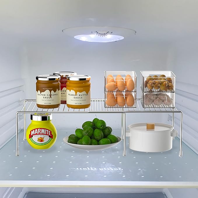 Kitchen Cabinet Expandable Shelf Organizers Set of 2, Adjustable Metal Wire Pantry Storage Shelves, Plate Dish Organizer Rack for Cabinets, Cupboard, Counter, Freezer, Countertop, Chrome
