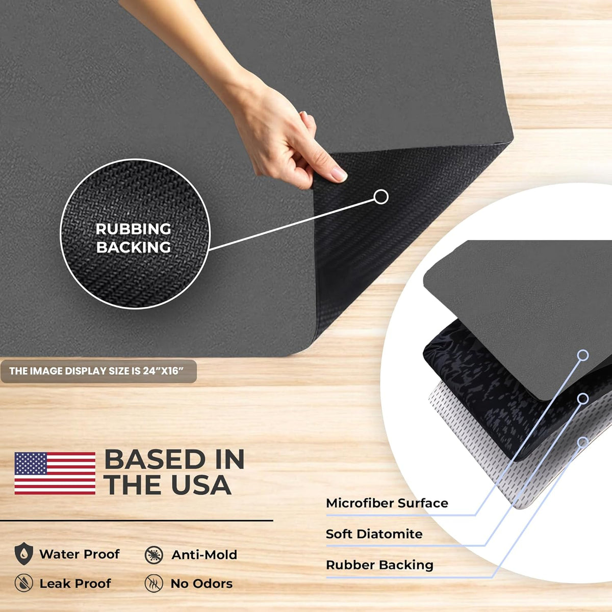 Dish Drying Mat Super Absorbent – 24" x 16" Coffee Mat for Countertops – Non-Slip Drying Mat for Kitchen Counter – Easy to Clean Water Absorbent Mat – Large Dish Drying Mats (Dark Gray)