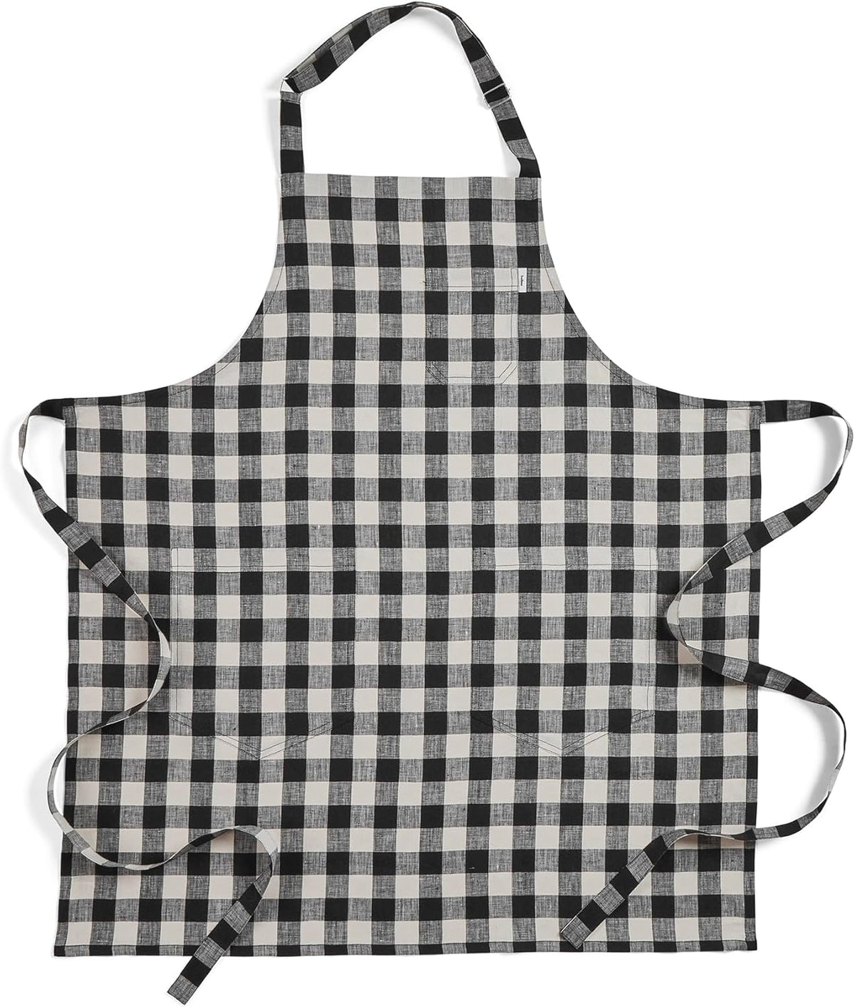 Solino Home Linen Bib Apron for Men & Women - Black and Cream Kitchen Apron with Front Pockets - Handcrafted from European Flax