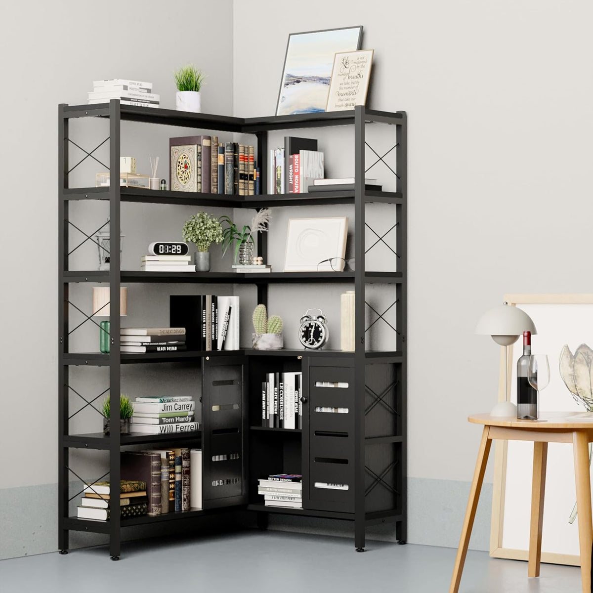 6-Shelf Corner Bookshelf, Vintage Industrial Corner Shelf Etagere Bookcase, Large Book Shelf with Metal Frame Open Storage Corner Cabinet (Black-Lockers)