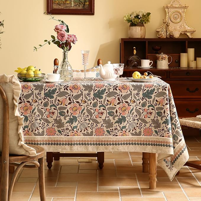 ISAENNE Designer Boho Floral Rectangular Tablecloth,Linen Lotus Flower Pattern Colorful Indoor Table Cloth,Durable Decor Tablecloths for Dining Thanksgiving Kitchen Christmas,55"*87"-Hazel A