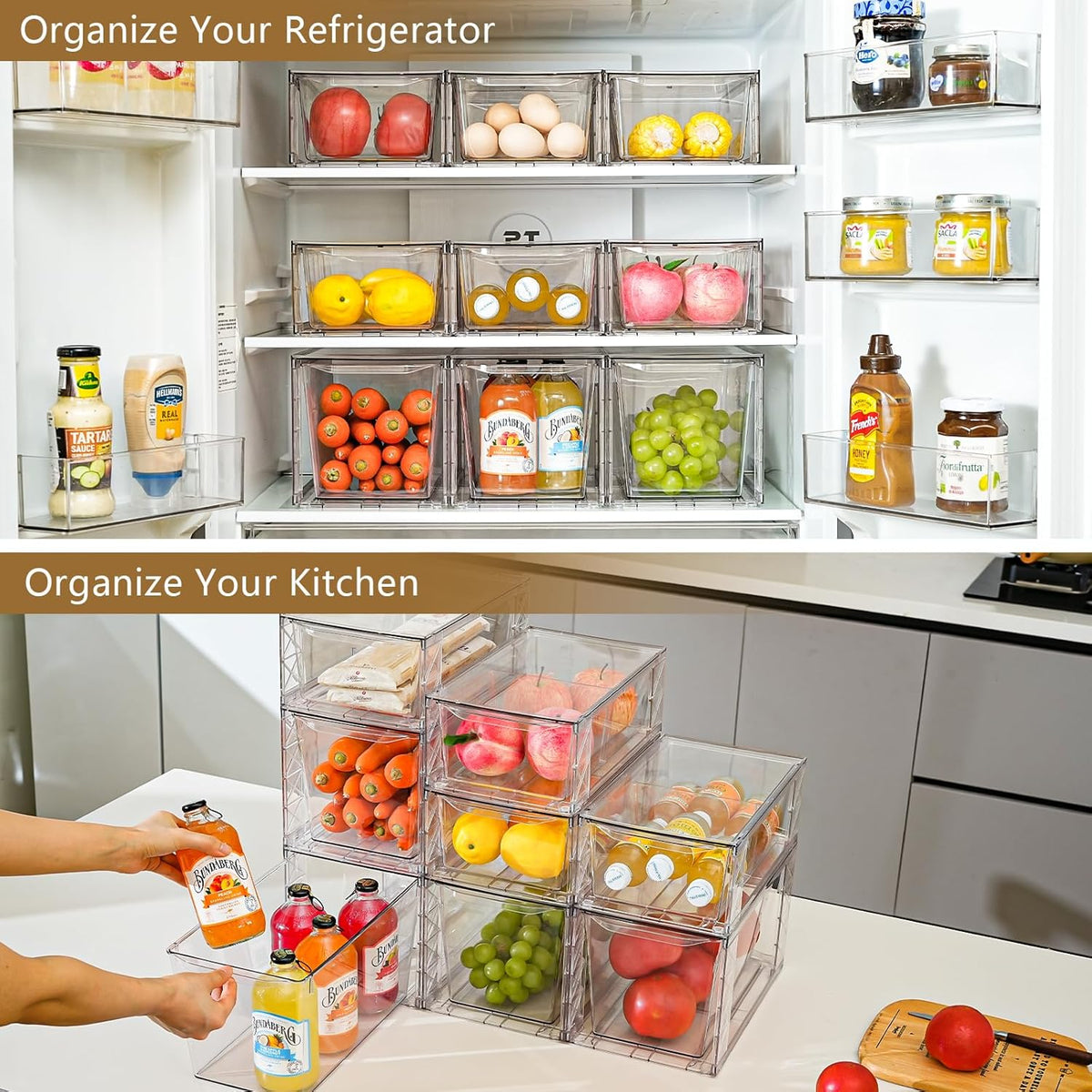 8Pack Stackable Kitchen Storage Organizer, Pantry Organizers and Storage, Clear Foods Organizer Bins with Handles, Easily Assemble for Bathroom, Kitchen, Pantry, Cabinet, Closet