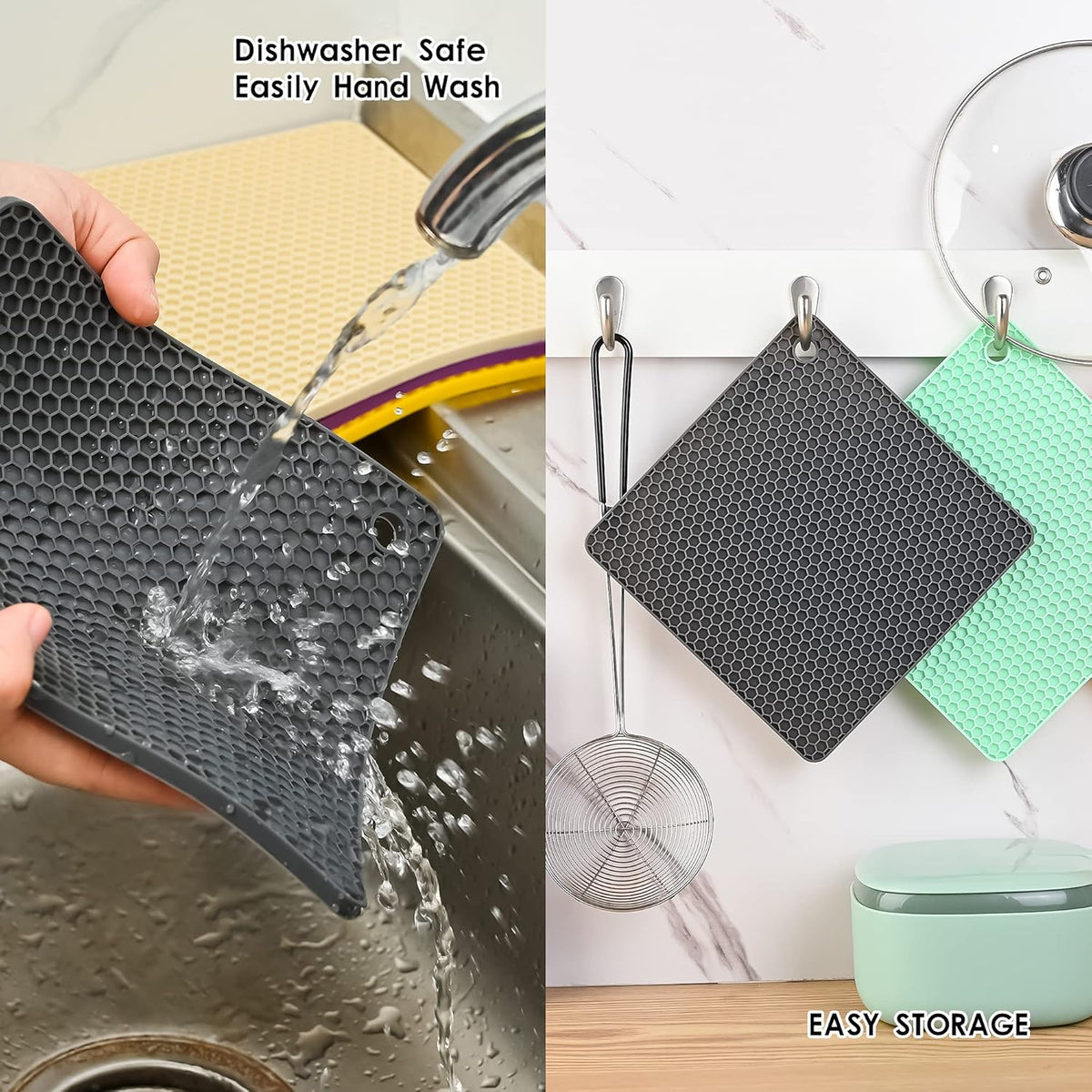 Silicone Trivets for Hot Dishes, Trivet Hot Pads for Kitchen, Trivets for Hot Pots and Pans, Multi Use Silicone Pot Holders Trivet Mat, Heat Resistant Mats for Countertop Set 4 Light Gray